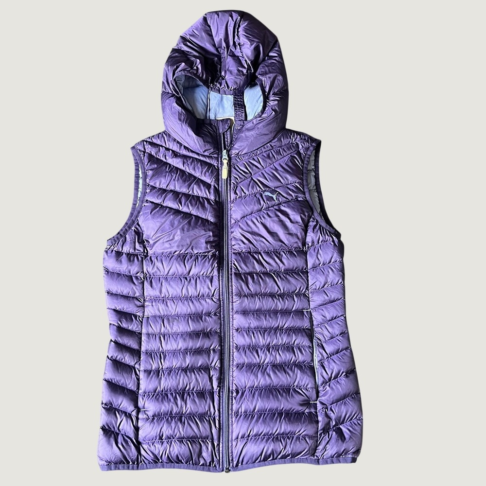 Puma Purple Hooded Puffer Vest 600 Fill Down Quilted Full Zip Womens M Layering